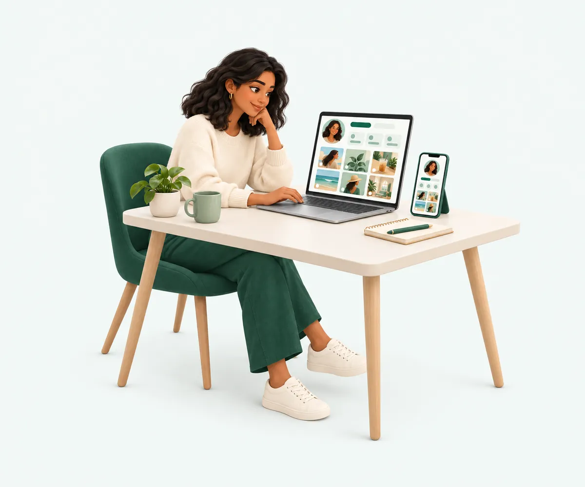 A woman exploring a creator’s public profile on a laptop