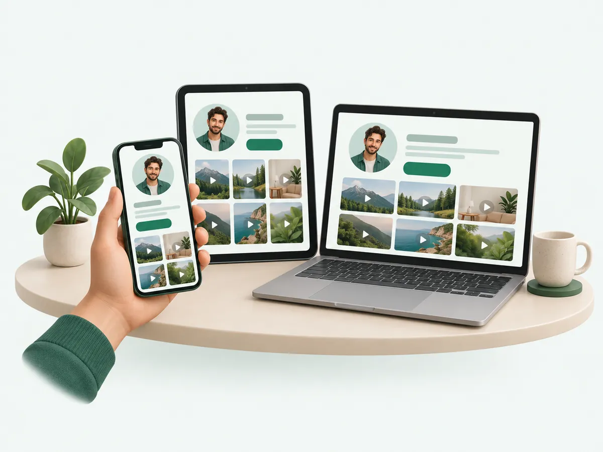 The same profile page on a phone, a tablet and a laptop