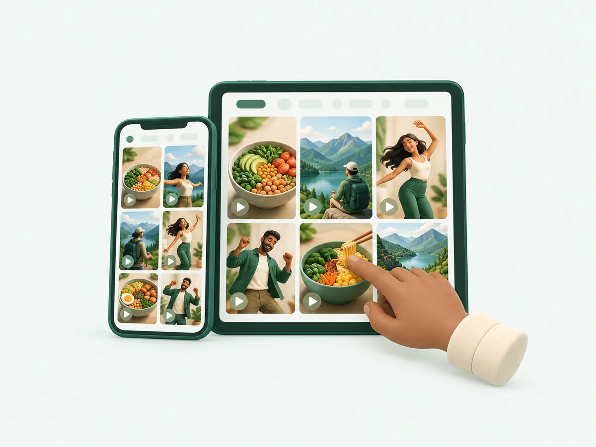 A grid of short-video thumbnails on a phone and a tablet